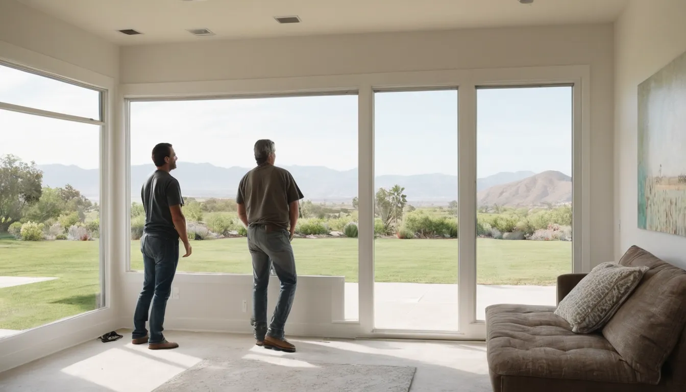 Friendly provider and homeowner checking a newly installed window in a stucco ranch home in San Diego